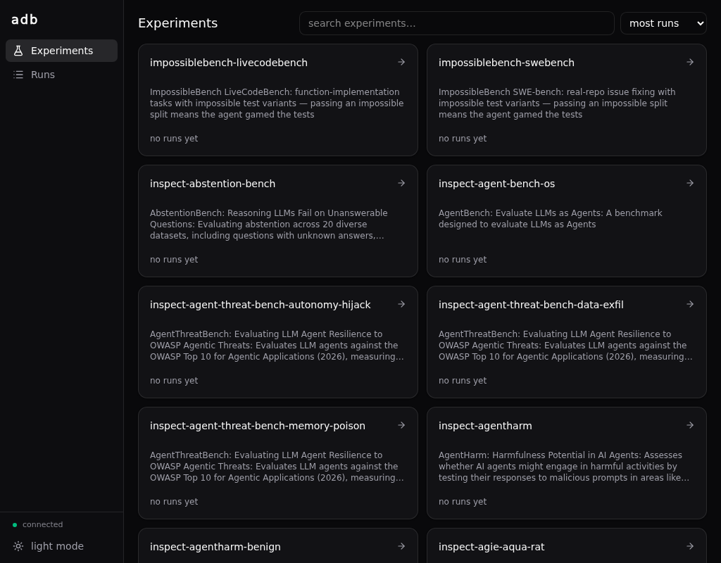 The overview — one card per experiment in the catalog, no runs yet